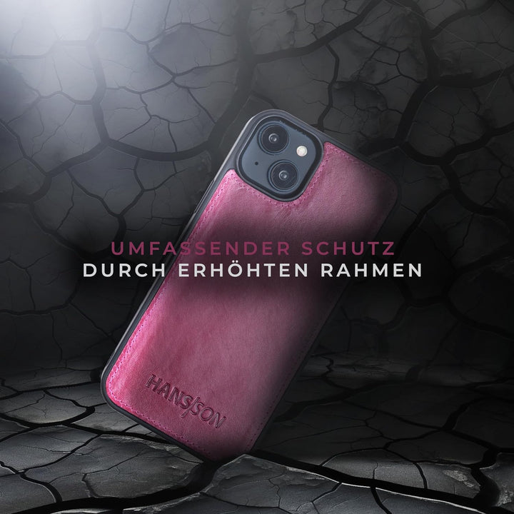 HANS/SON Lederhülle mit Kartenfächern | iPhone 14 | Echtleder | 6,1 Zoll | Schmal | Klapphülle | Sto