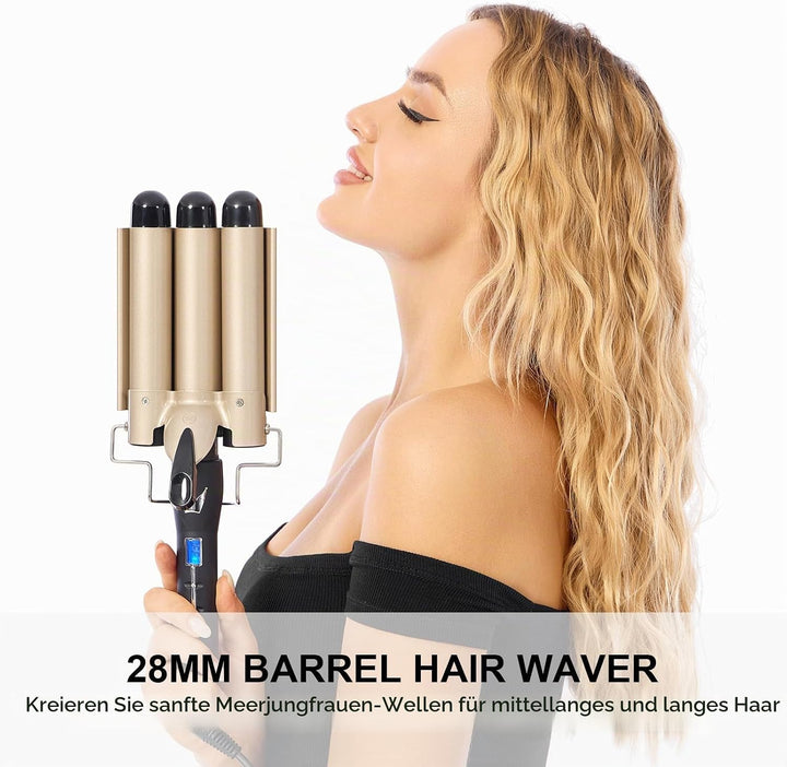 Lockenstab 3 Fässer Welleneisen DEEPWAVES Φ28mm, AIMERVO Waver LCD 14 Temperaturstufen 80-210℃, für