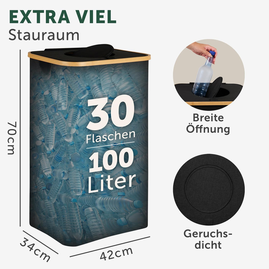 Blumtal Pflandflaschen Sammelbehälter 100L - Bambus Pfandflaschen Organizer mit Pfandflaschen Tasche
