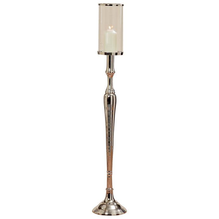 Alte Welt Grand Hotel Säulenkerzenhalter, Bodenleuchter, Glastülle, Silber Aluminium Nickel, 109 cm