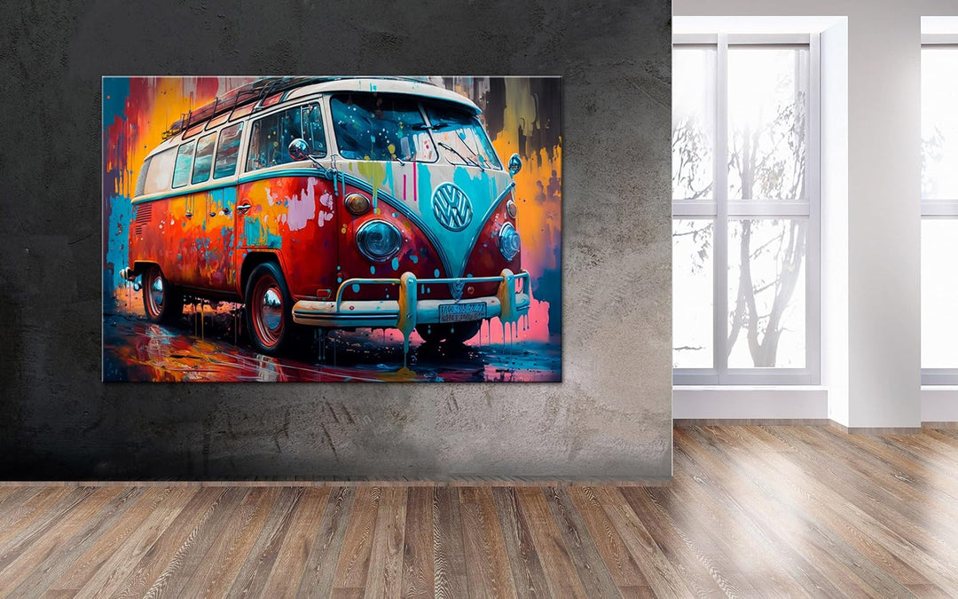 PRINTONIA Leinwandbild 120x80 cm Volkswagen VW-Bus Bulli T1 Transporter Oldtimer Abstrakt Art Automo