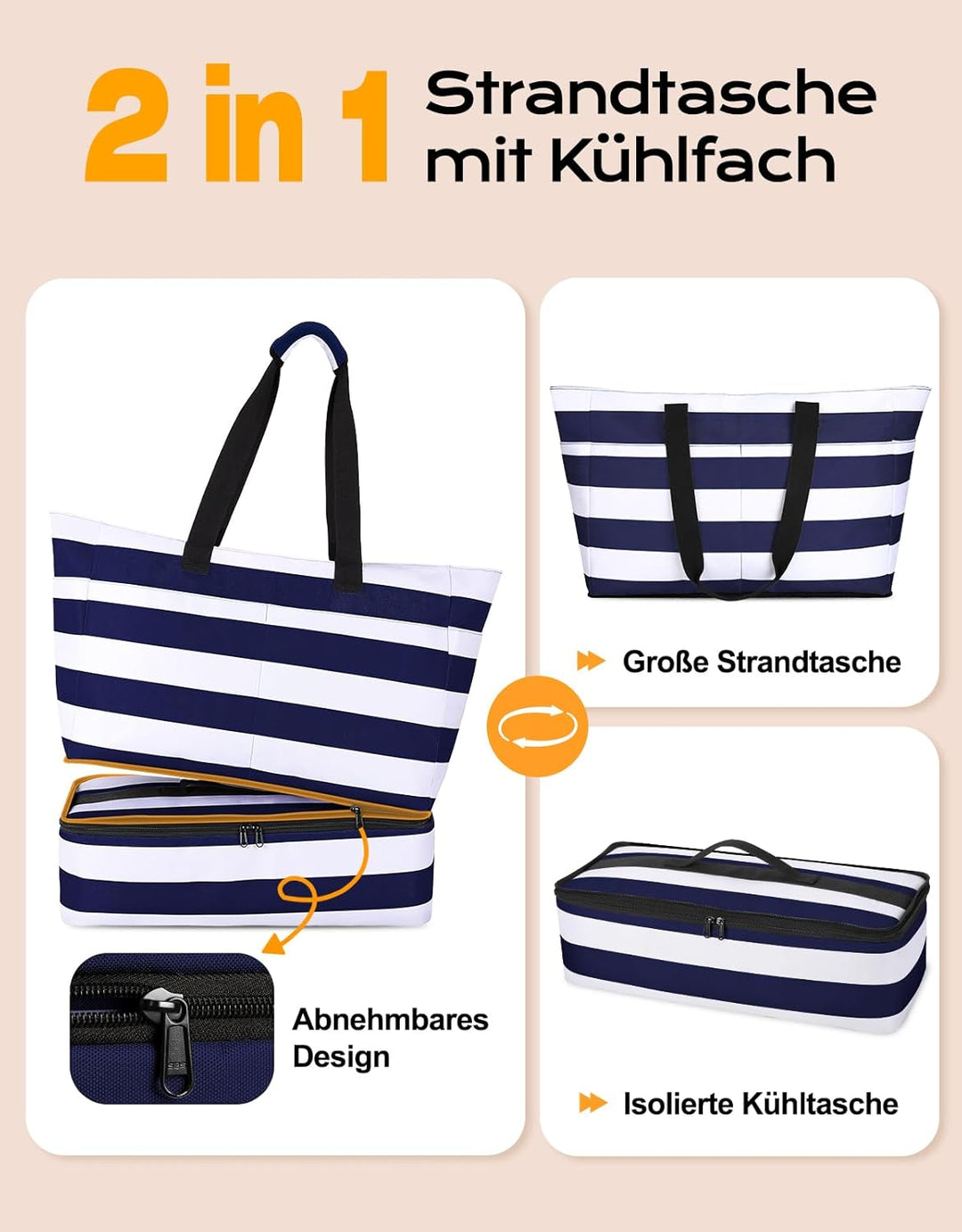 CIRYCASE Strandtasche XXL Familie mit Kühlfach, 54L Grosse Badetasche Strandtasche mit Reissverschlu