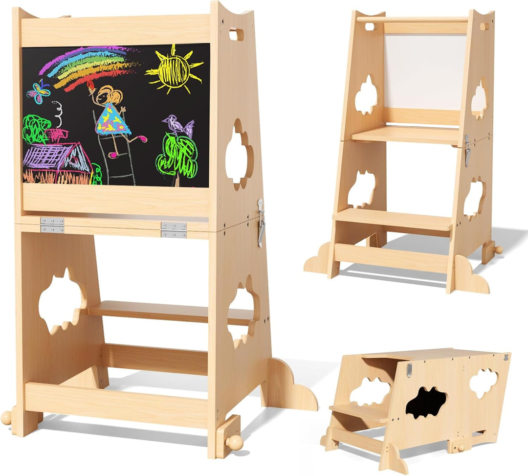 KIDINIX Lernturm ab 1 Jahr, 3 in 1 Montessori Learning Tower mit Sicherheitsgeländer und Tafel, Klap