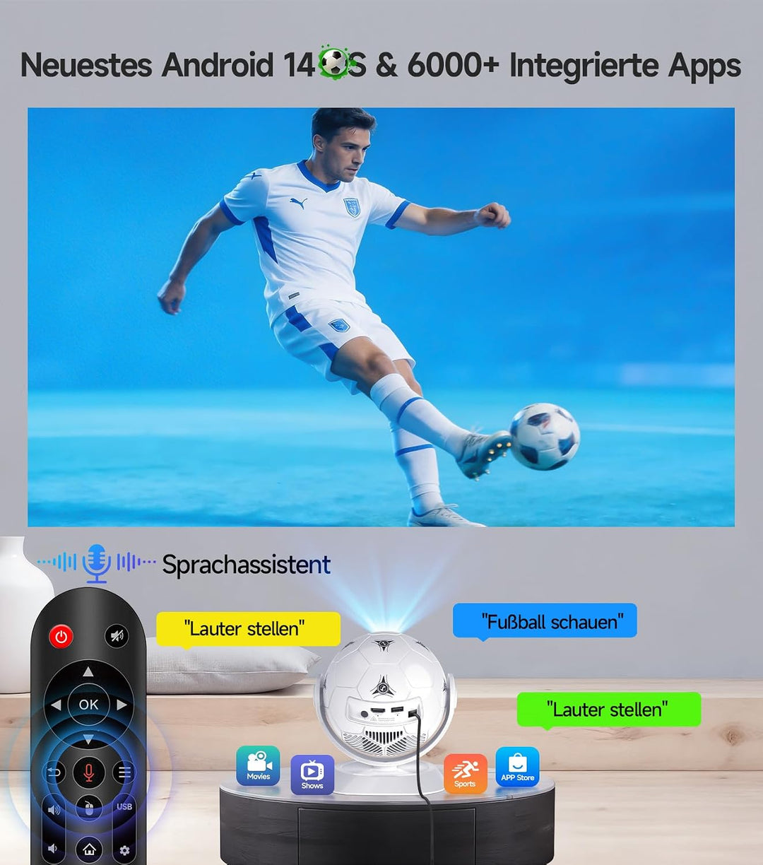 Magcubic Mini Beamer Projektor 4K Support, 360° Fussball-Motiv Beamer Klein Heimkino Outdoor WiFi 6