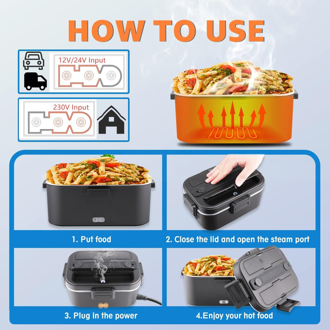 Kimfead Elektrische Lunchbox 75W 1,8L Edelstahl Entnehmbare Tragbarer brotdose 12V/24V/220V Insulate