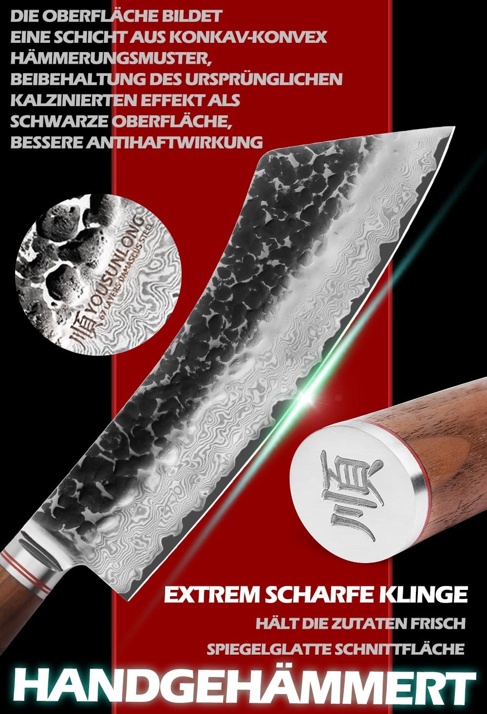 YOUSUNLONG Fleischbratenmesser Brechmesser 9 Zoll (22,86 cm) Gehämmerter Damaststahl Japanisch VG10