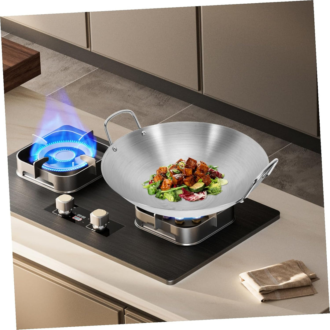 NUOBESTY 28 cm Doppelgriff-Wok-Edelstahl-Wok-Bratpfanne Mit Grosser Kapazität Bratpfanne Rundboden-W