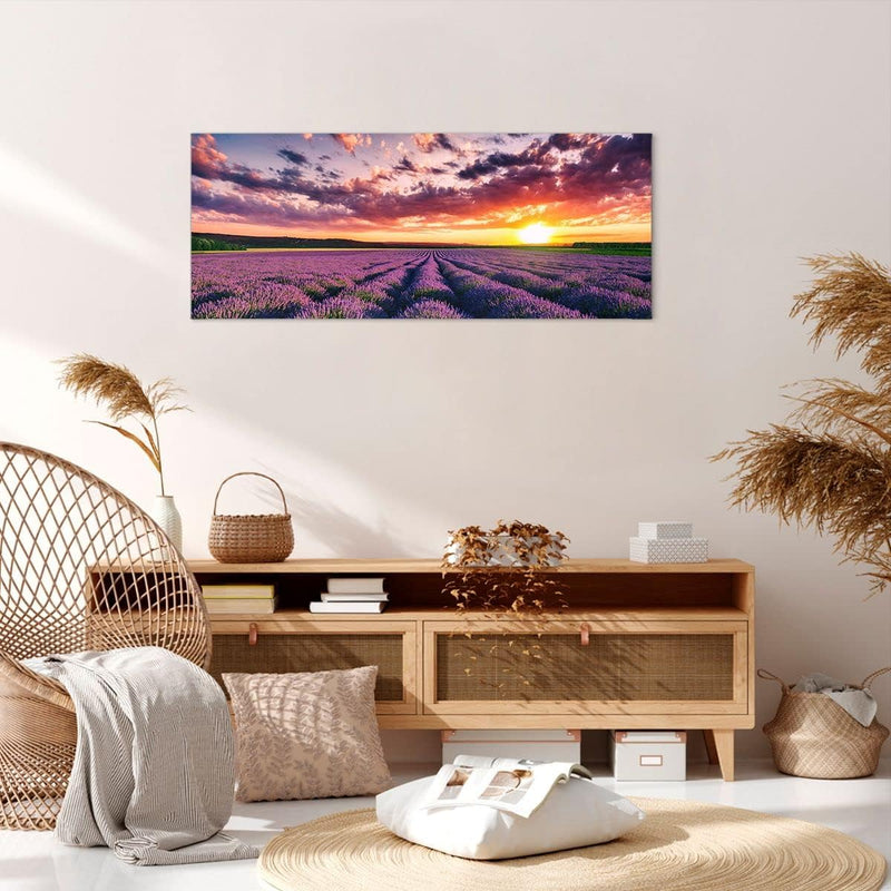 Wandbilder Dekoration Wohnzimmer Lavendel Berge Feld Panorama Bilder auf Leinwand 120x50cm Leinwandb