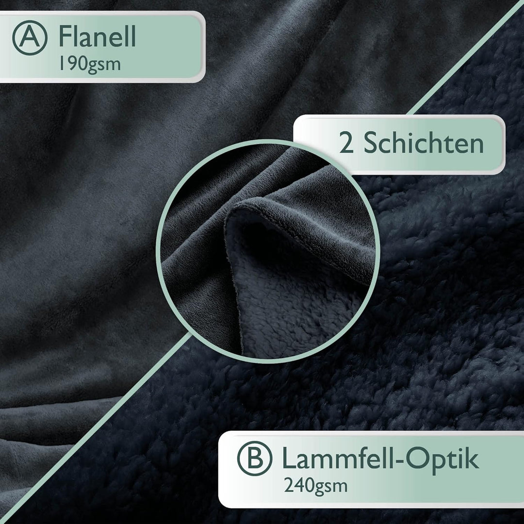 Beautissu Sherpa Sofadecke Alina, 220x240 cm XXL Kuscheldecke flauschig Anthrazit/Anthrazit – Dicke