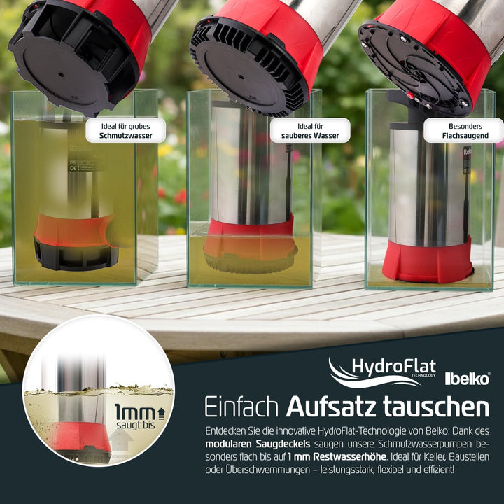 Belko® HydroFlat Vario Pro 850W – Flachsaugend bis 1 mm, 15.000 l/h, Edelstahlgehäuse, Schwimmerscha