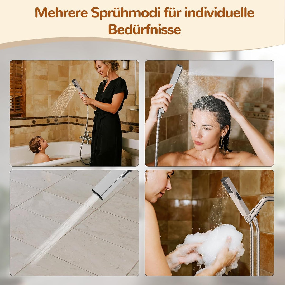 Hibbent 4-fach Edelstahl-Handbrause, Hoher Druck, Robust, 4 Sprühmodi (Wassersparend/Kraft-Nebel/Reg