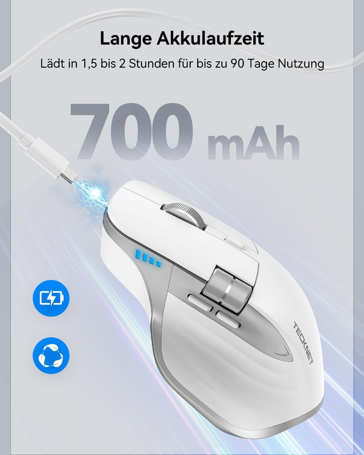 TECKNET Bluetooth kabellose Maus(BT 5.3/5.0+2,4G), Seitliches Mausrad, Wiederaufladbare Maus Ergonom