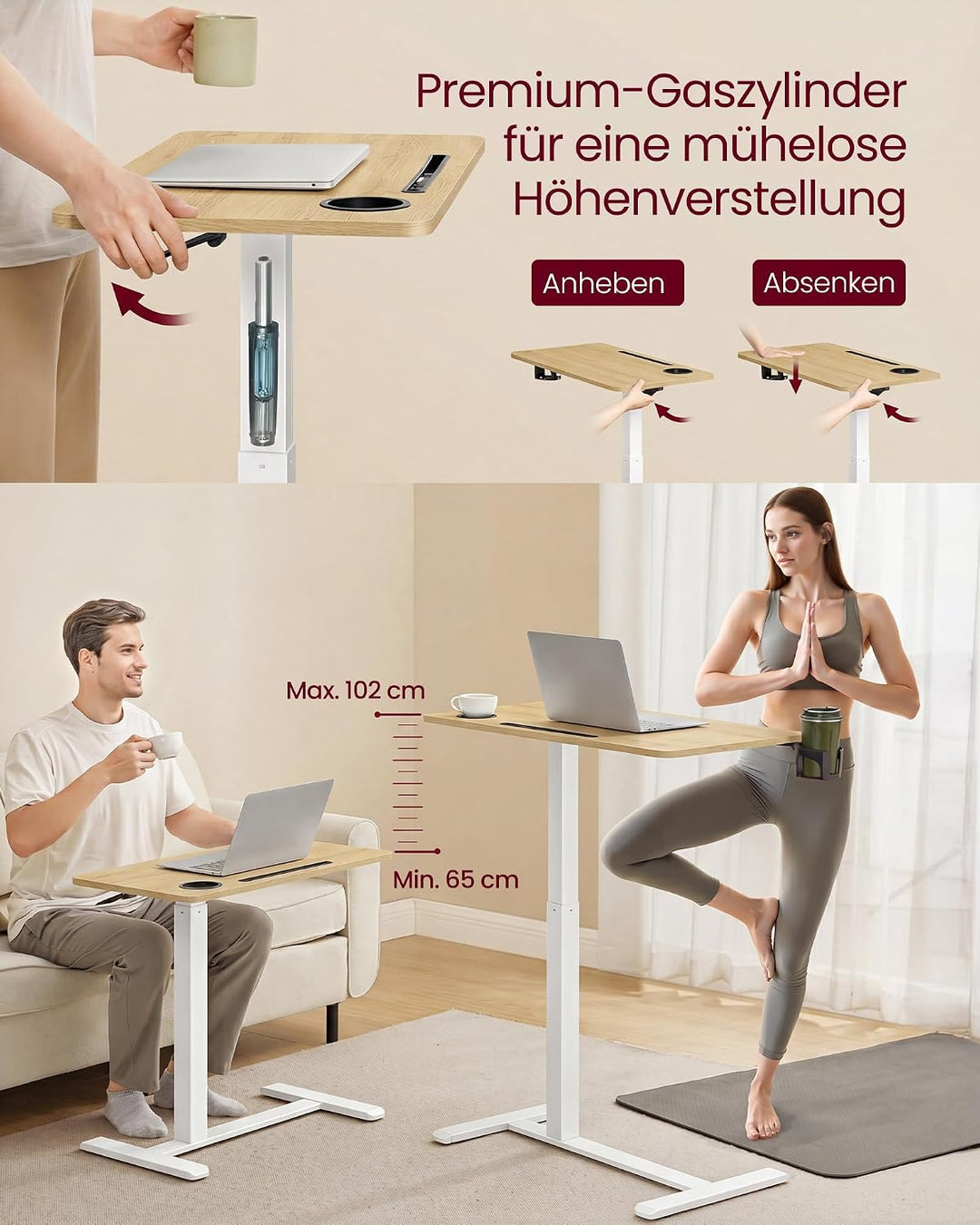 VASAGLE Beistelltisch mit Rollen, mobiler Stehtisch, 70 x 40 cm grosse Tischplatte, verstellbare Höh