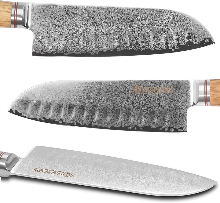 YOUSUNLONG Damastmesser Santokumesser, Klinge 17,00 cm Länge mit schwarzem Hammerschlag - sehr hochw