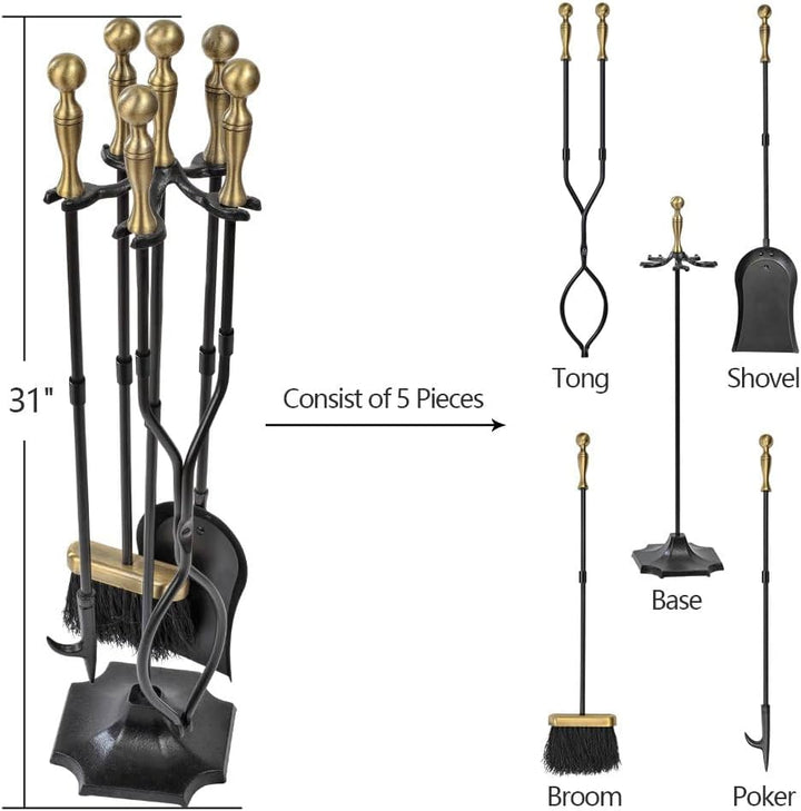 Amagabeli 5 Stück Kaminwerkzeuge Sets Messinggriffe Schmiedeeisen Set und Halter Indoor Outdoor Feue