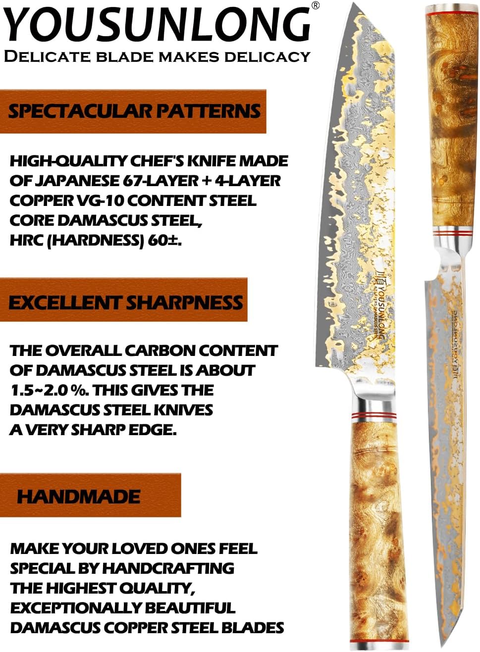 YOUSUNLONG Kiritsuke Kochmesser - 210mm Japanische Kupfer Damaszener Stahl Klinge - Rasiermesserscha