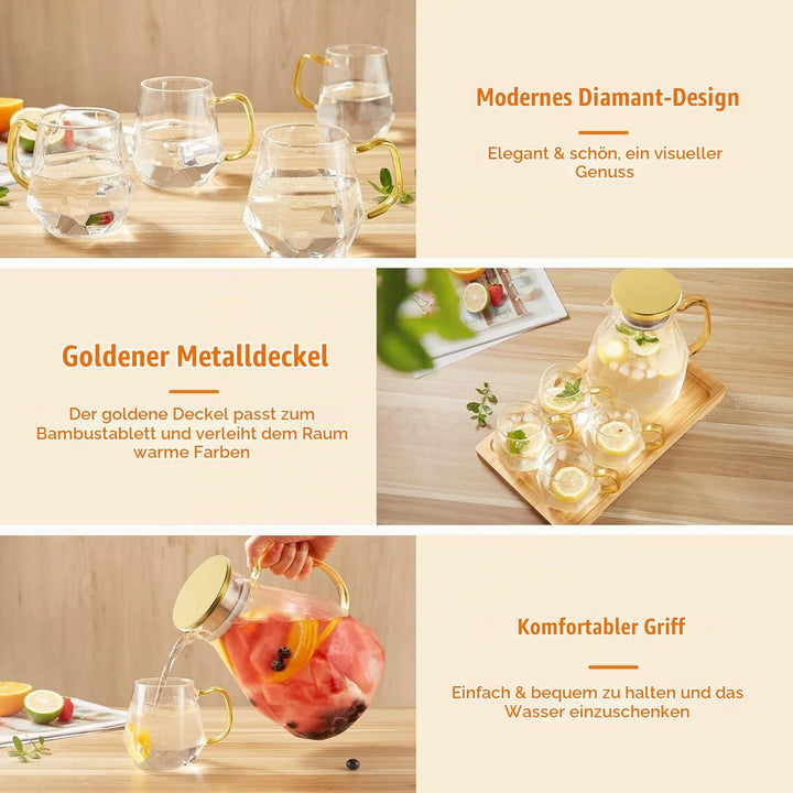 DUJUST Glaskaraffe mit goldenem Deckel 2 Liter, Wasserkaraffe im Modernen Diamant Design, Glaskrug m