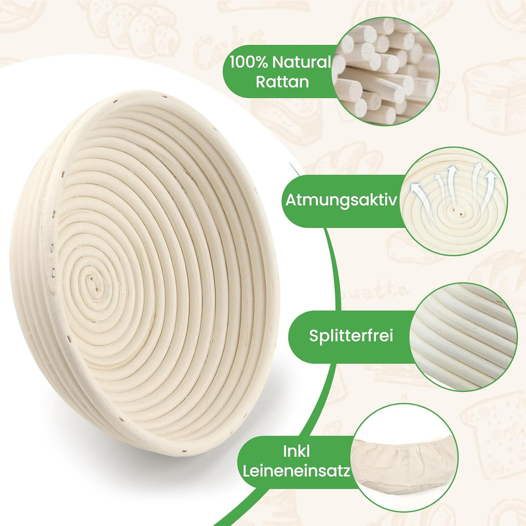 GEEKHOM Gärkörbchen Rund 23cm aus Natürlichem Rattan - Gärkorb Brot mit Waschbarem Bäckerleinen für