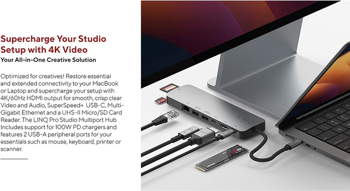 LINQ Connects 9in1 Pro Studio USB-C 10Gbit / s Multiport Hub mit Stromversorgung, 4K HDMI, NVME M2 S