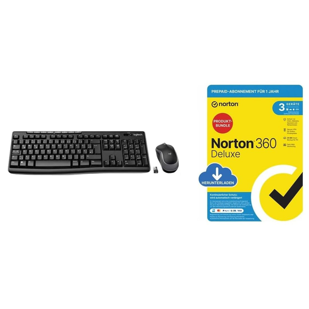 Logitech MK270 Wireless Keyboard and Mouse Set - Black + Norton 360 Deluxe 2024, Antivirus Software