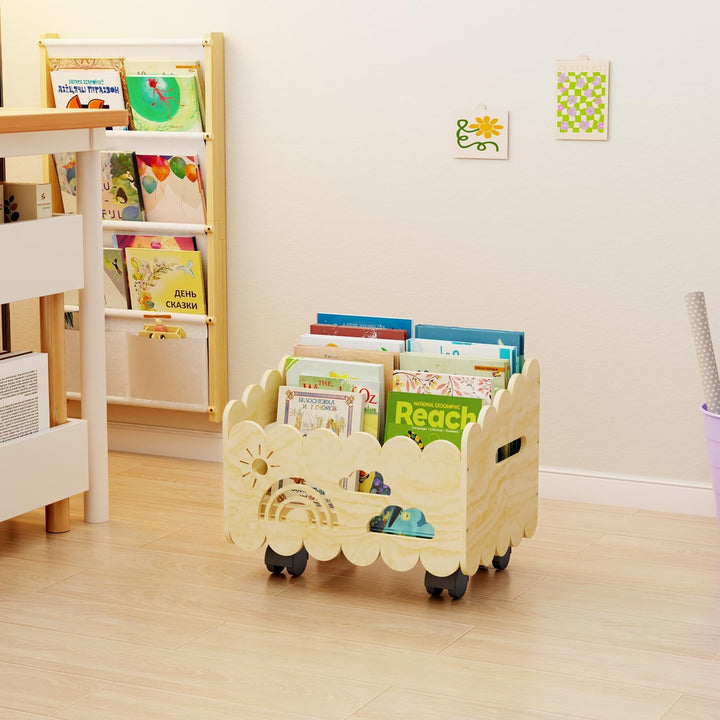 Kinder Bücherregal Holz mit Rollen, Montessori Bücherregal Kinder, Bücherkiste für Leseecke, Babyzim