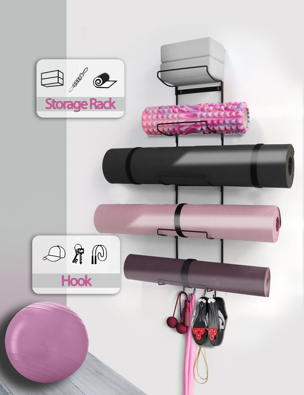 Yogamattenhalter mit 5 Ebenen, Wandhalterung, Metall-Aufbewahrungsregal für Yogamatten/Räder, Schaum