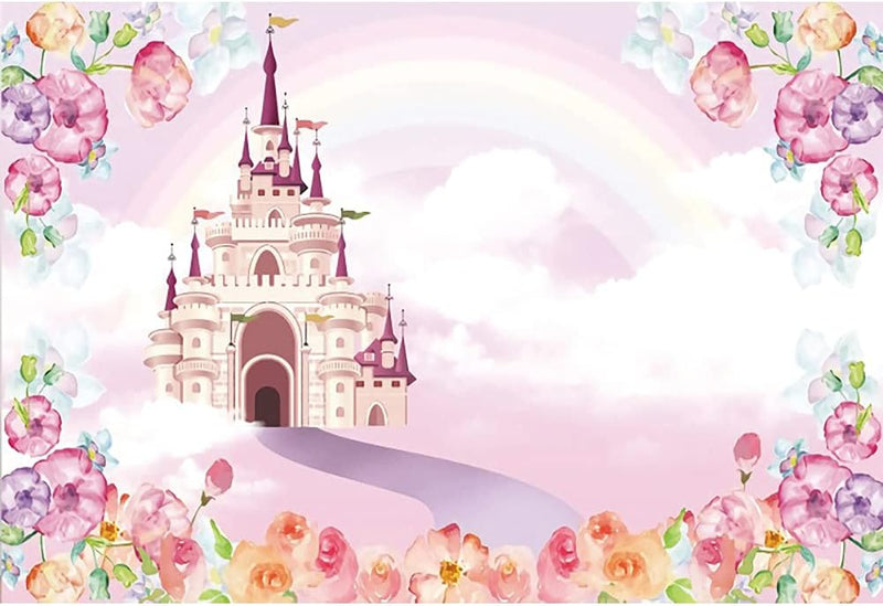 Renaiss 2.5x1.8m Rosa Schloss Hintergrund Blumen Regenbogen Wolke Märchen Fotografie Hintergrund Bab