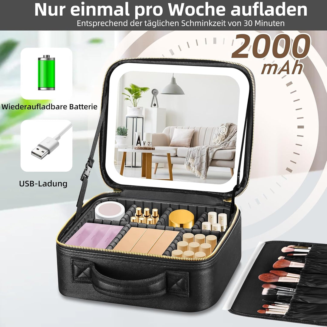Reisekosmetiktasche mit beleuchtetem Spiegel, unterteilbare Kosmetiktasche Kosmetiktasche mit 3 Farb