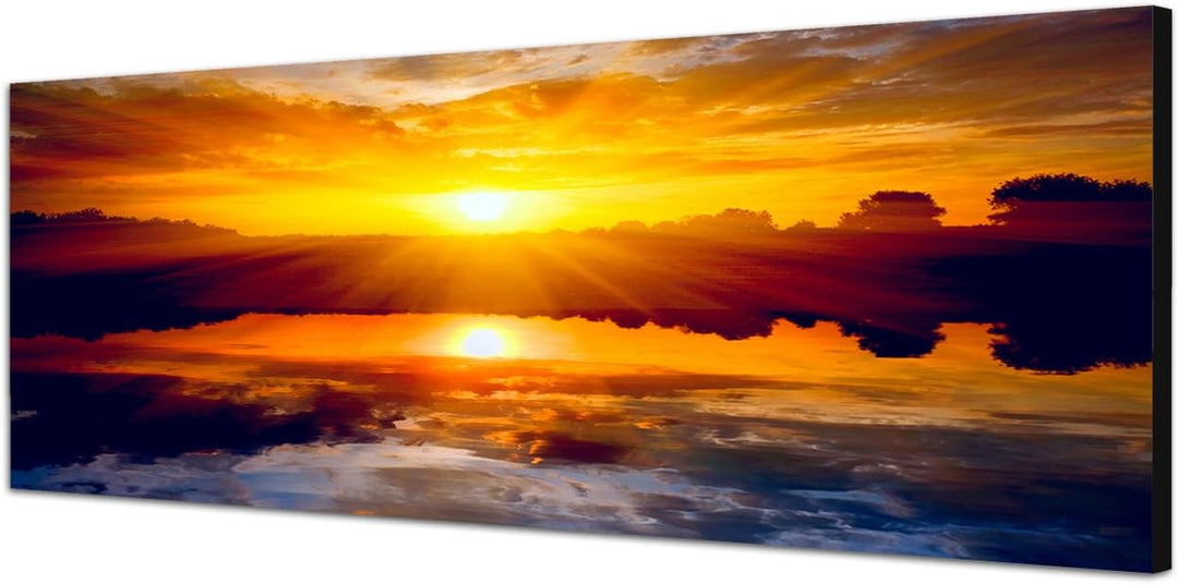 Paul Sinus Art Panoramabild auf Leinwand und Keilrahmen 120x40cm Sonnenuntergang See Wolken Spiegelu