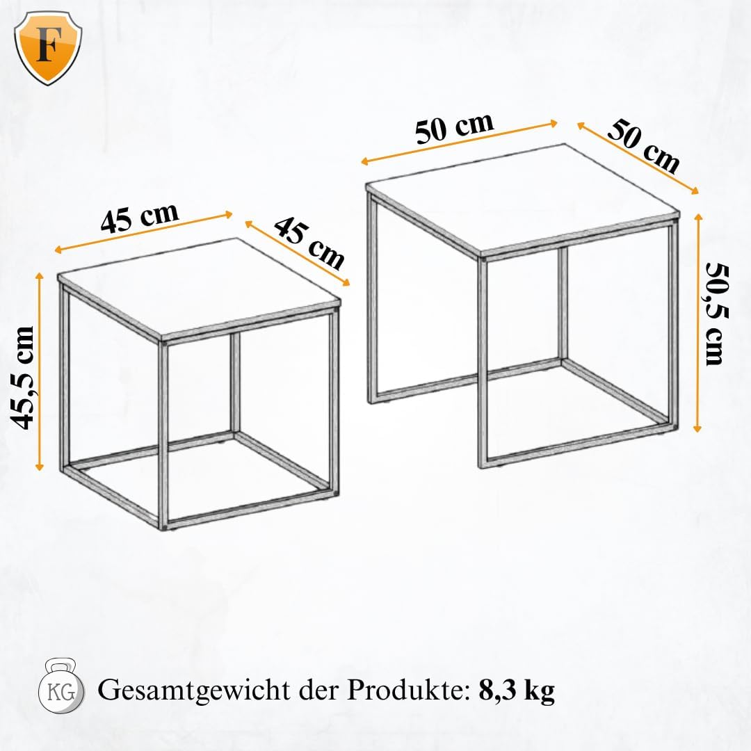 FORTENA Set mit 2 Couchtischen Beistelltisch Wohnzimmertisch Schwarz oder Gold Metall Quadratisch (E