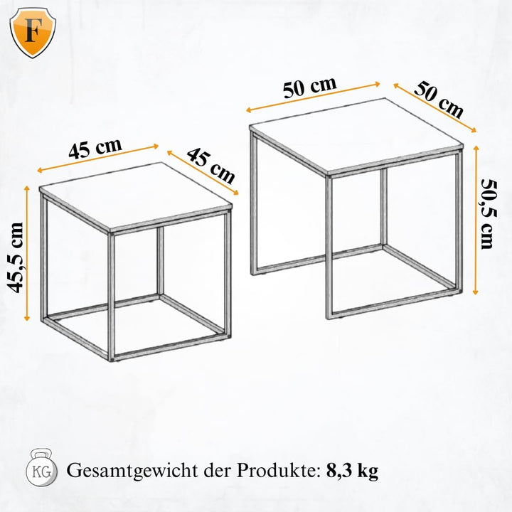 FORTENA Set mit 2 Couchtischen Beistelltisch Wohnzimmertisch Schwarz oder Gold Metall Quadratisch (E