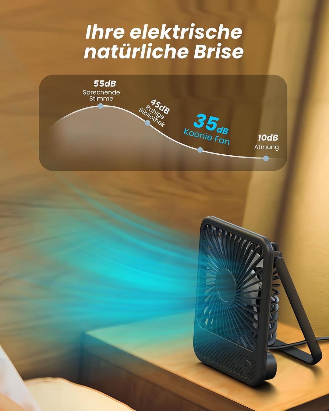 Koonie USB Tischventilator, Mini Tischventilator, 3 Geschwindigkeiten & 180°Einstellbar, Ruhig-35dB,