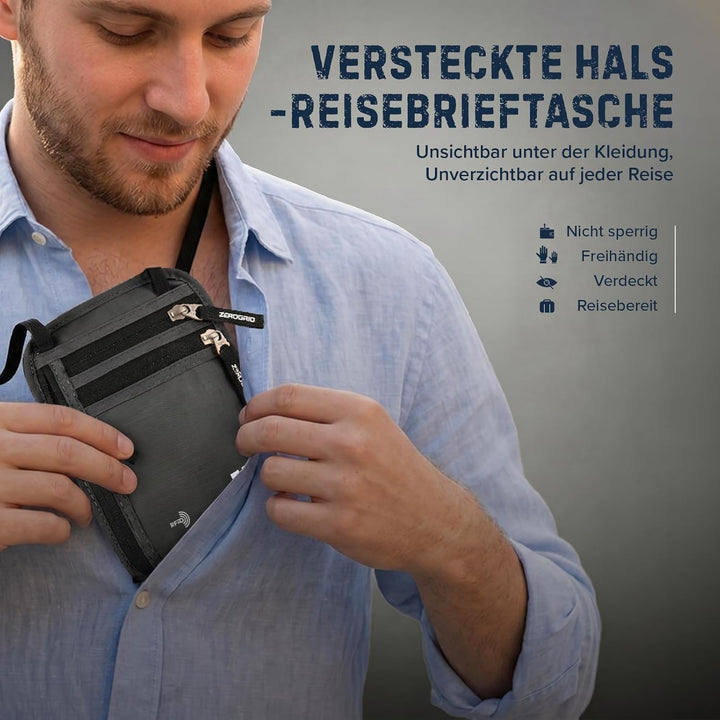 Zero Grid Brustbeutel mit RFID-Schutz – Reise Halsbeutel für Reisepass, Handy, Karten &amp; Bargeld – Fl