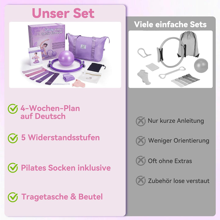 Pilates Set für Anfängerinnen, Pilates Ring Set mit Ball, 5 Widerstandsbändern, Socken, 4-Wochen-Pla