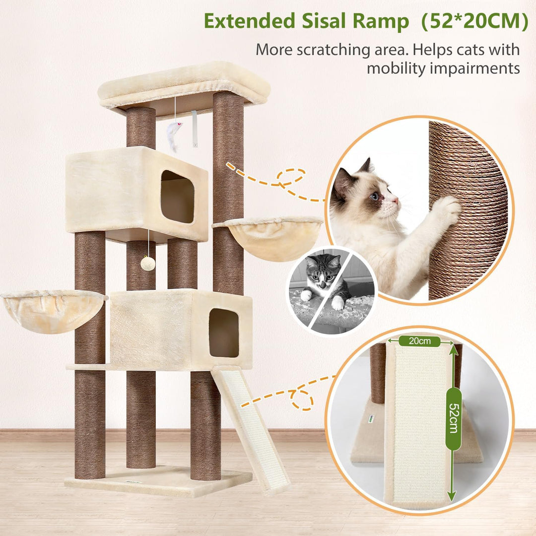 Globlazer Beige Kratzbaum Dicke Stämme 11CM für Grosse Katzen mit 2 Extragross Katzenhaus 50*35*30cm