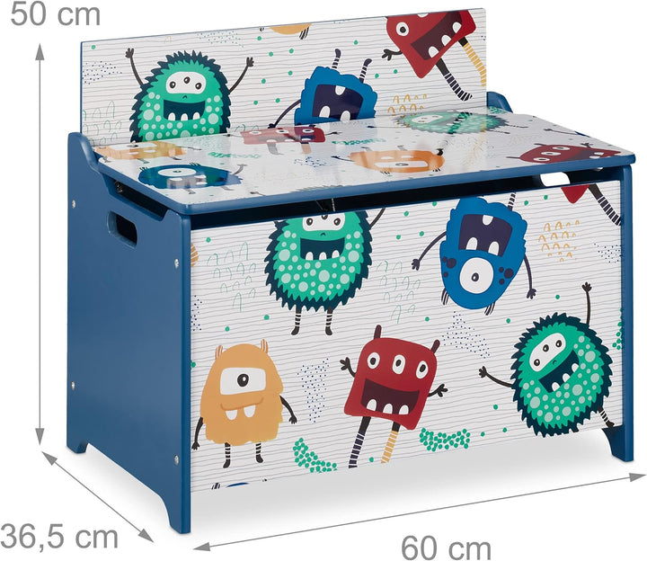 Relaxdays Spielzeugtruhe, Monster-Design, Spielzeugkiste mit Deckel, HBT: 50x60x36,5 cm, MDF, Spielz