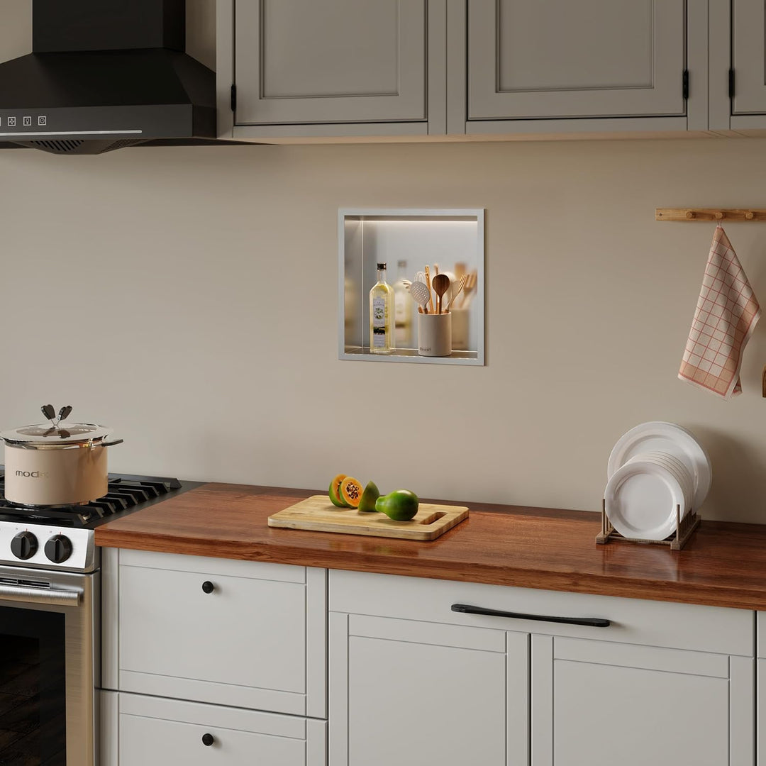 Wandnische Dusche Edelstahl mit LED-Licht, Eingebettete Duschnische Einzelregal Lagerung für Badezim