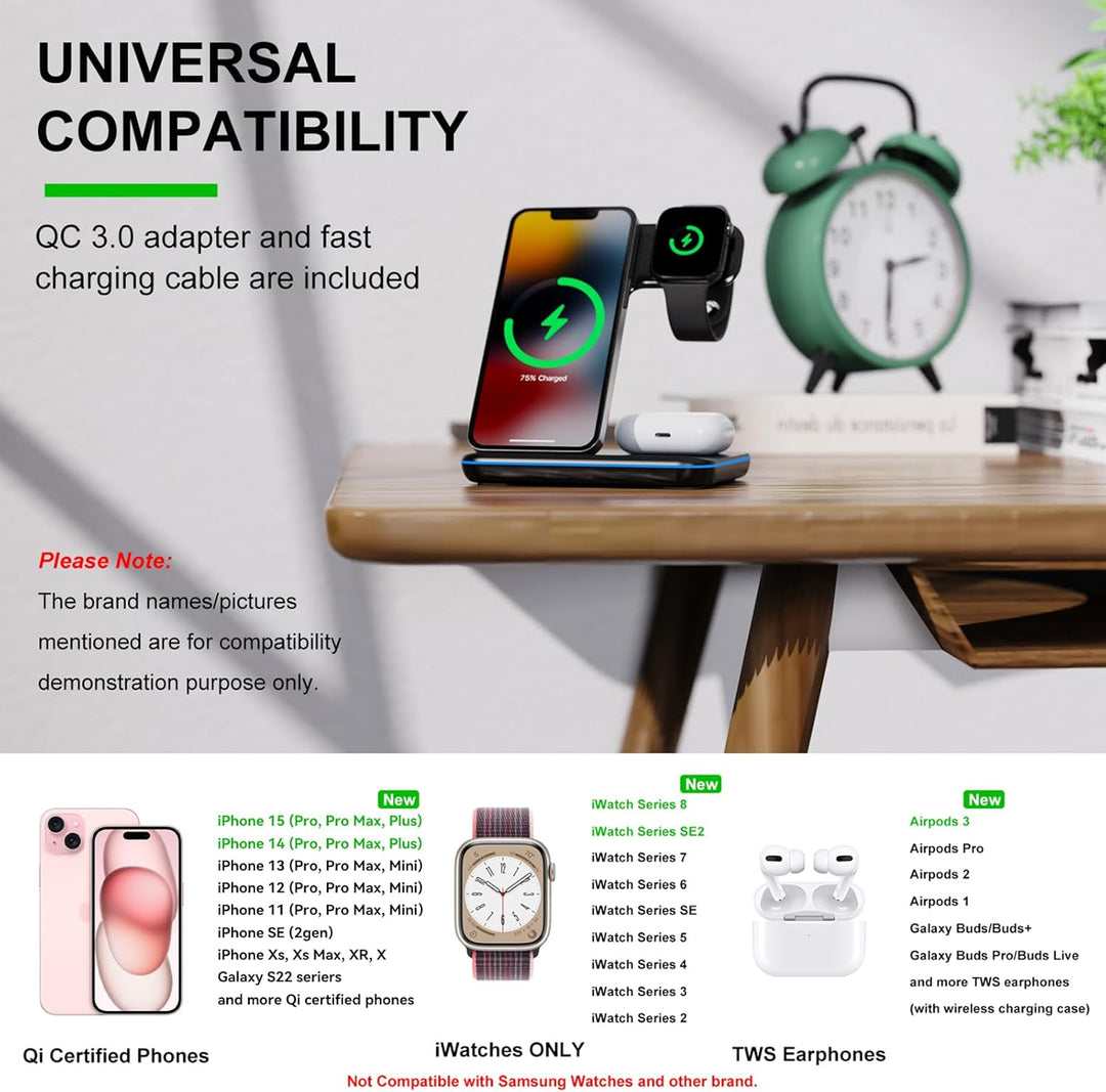 Minthouz Wireless Charger, 3 in 1 Induktive Ladestation mit 18W Adapter für mehrere Geräte Apple, iW