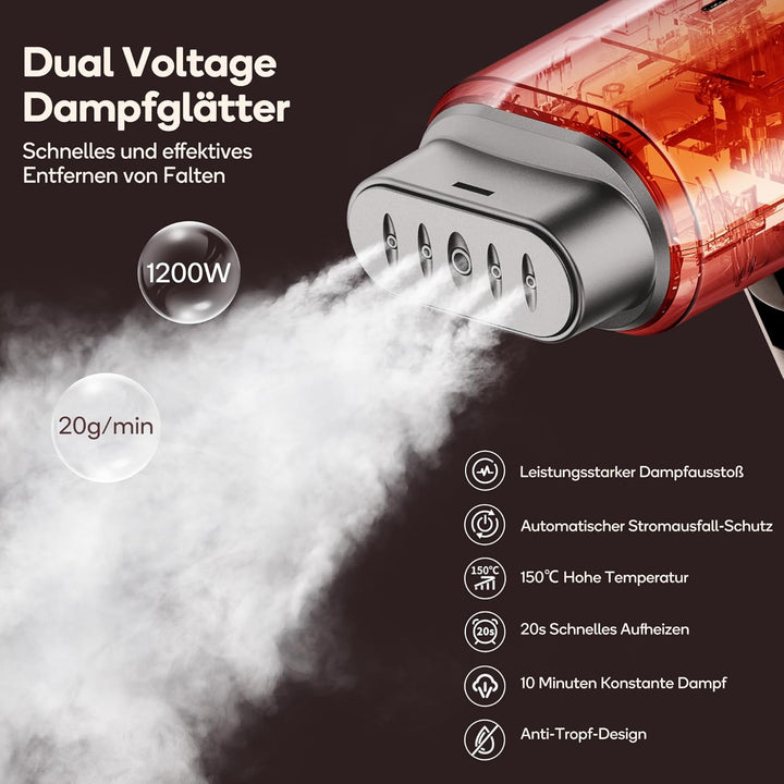 Newbealer Dampfglätter mit umschaltbarer Spannung - 220V/120V, kompaktes und faltbares Reisebügeleis