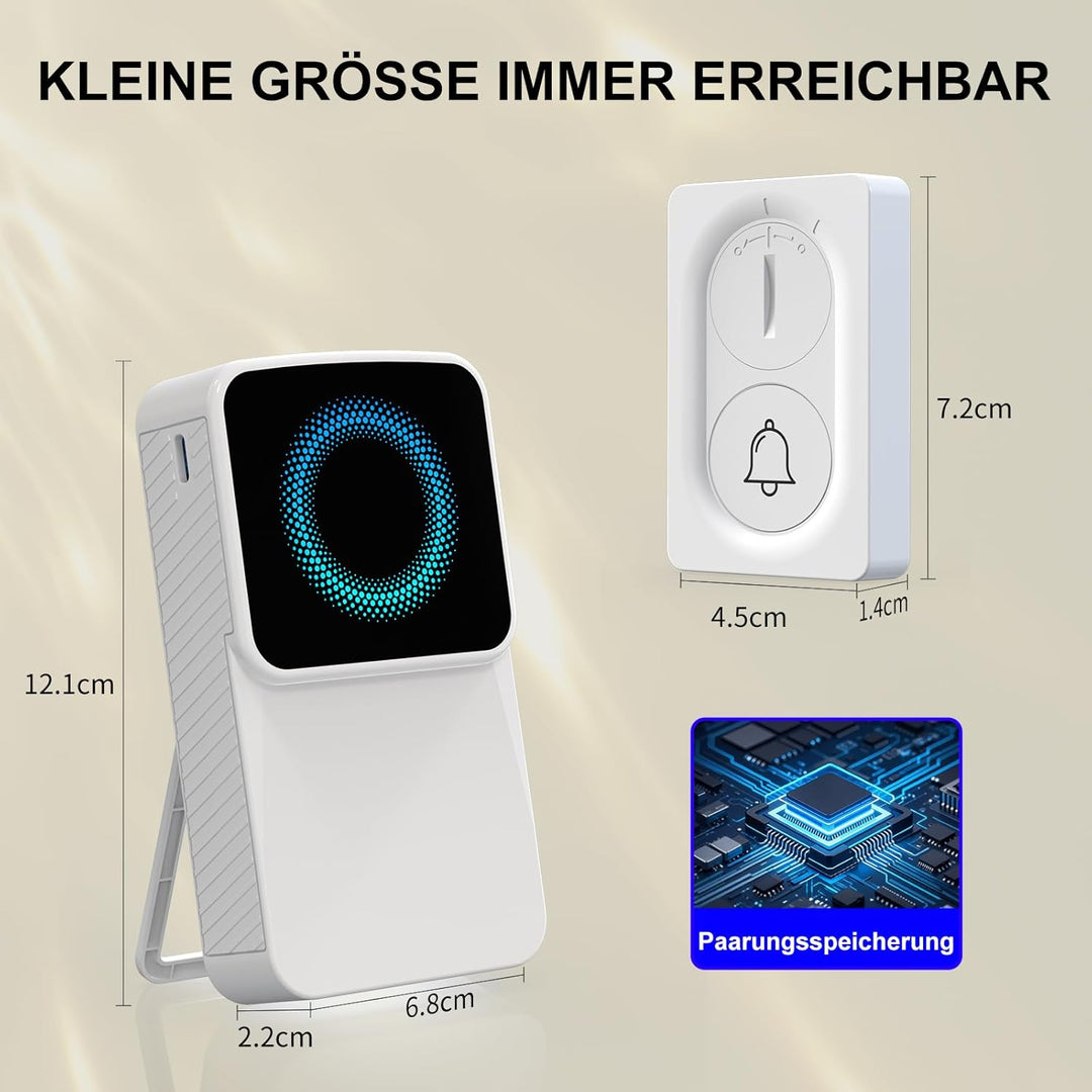 Doppelstromversorgung Funkklingel Set (1 Sender + 1 Empfänger), Batteriebetrieb oder USB-C, zahlreic