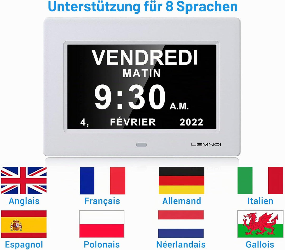LEMNOI 7 Zoll LCD-Digitaluhr, Kalender mit Datum und Uhrzeit, Nicht abgekürzte, automatische Dimmung