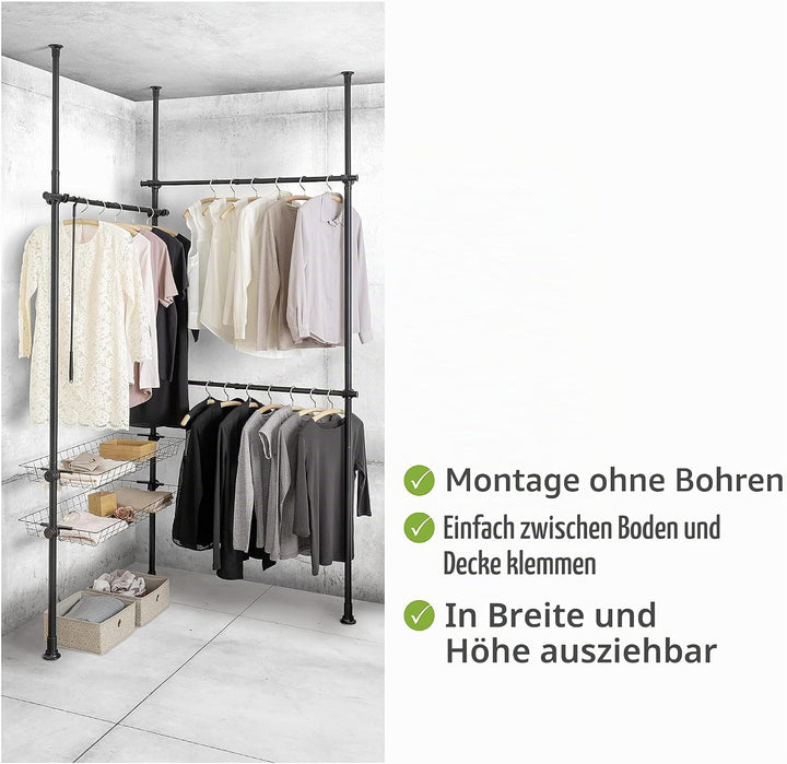 WENKO Teleskop-System Herkules Duo, verstellbares Ordnungssystem, 3 Kleiderstangen &amp; Kleiderstange H