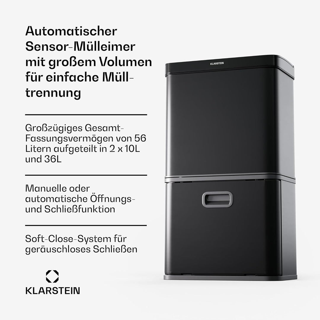 Klarstein Touchless Sensor-Mülleimer - 56L Küchen-Abfalleimer mit Bewegungssensor, 3-in-1-Mülleimer,