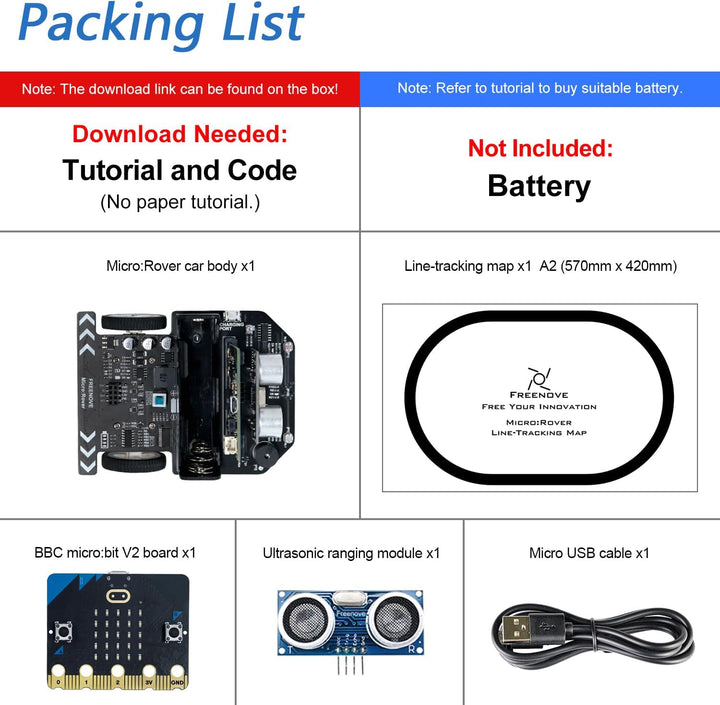 FREENOVE Micro:Rover Kit for BBC Micro:bit (V2 Contained), Obstacle Avoidance, Light-tracing, Line-T