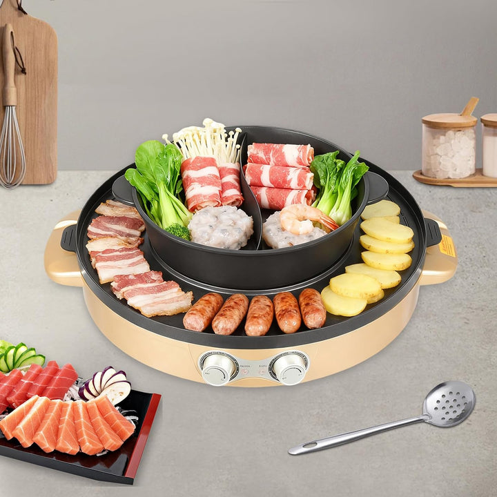 Elektrischer Doppel BBQ und Hotpot Grill, 2200W Leistung, 29cm Antihaft‑Topf mit abnehmbarer Basis,