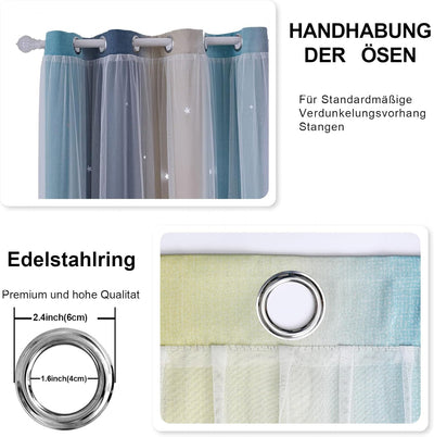 Freyamy Gardinen Blau Beige Weiss Glänzend Sterne Vorhänge Blickdicht Kinderzimmer Halbtransparent H