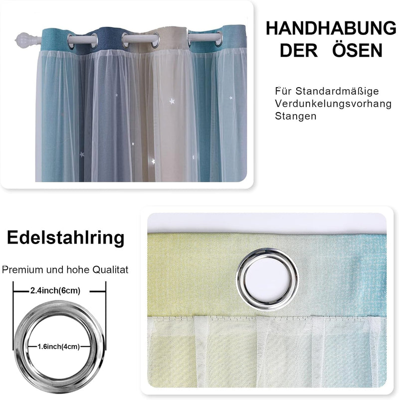 Freyamy Gardinen Blau Beige Weiss Glänzend Sterne Vorhänge Blickdicht Kinderzimmer Halbtransparent H
