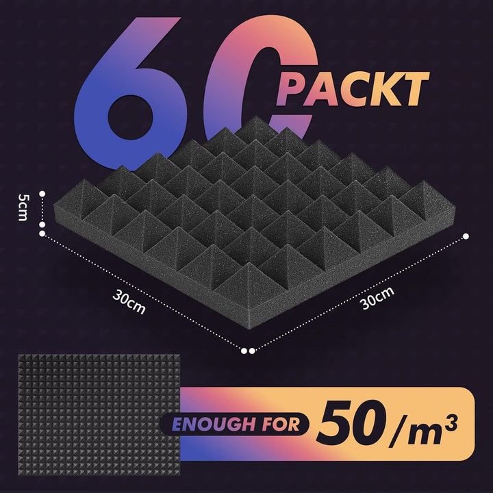 60 Stück Akustikschaummatten Schaumstofffliesen Schalldämmmatte Schalldämmung 30 x 30 x 5 cm für Wan