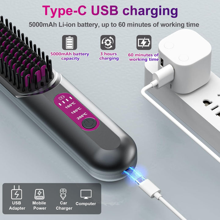 HOMELYLIFE Glättbürste Kabellos, 5000mAh Haarglätter Bürste Kabellose Glättbürste, Mini Glättungsbür