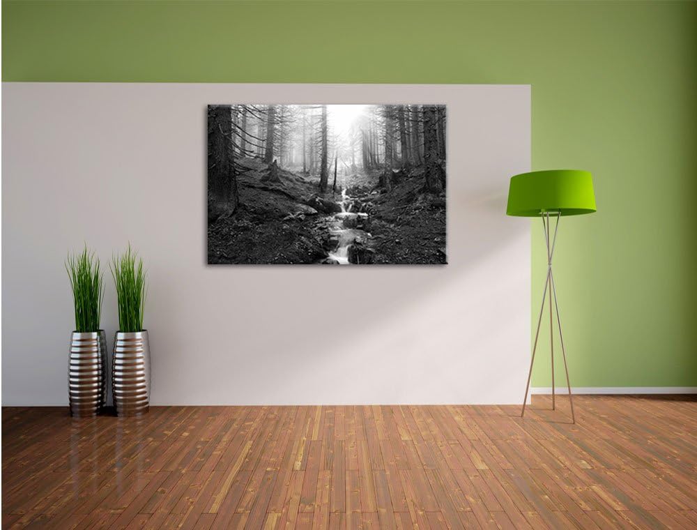 Bach im Wald Kunst B&W, Format: 100x70 auf Leinwand, XXL riesige Bilder fertig gerahmt mit Keilrahme